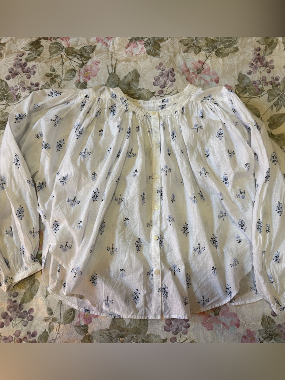LOFT Women’s M White Blue Floral Cotton Button Front Balloon Sleeve Blouse